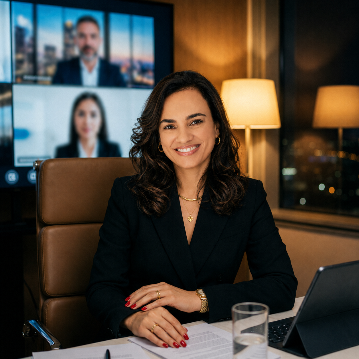 Ludmila Souza em ambiente corporativo durante reunião executiva